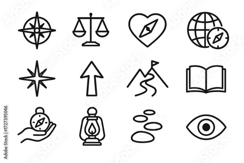Moral Compass Icons. Basic moral compass icons in outline style: compass rose, balance scale, heart with compass, globe with compass, guiding star,