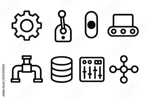 System Operations Icons. System operations icons in outline style: cogwheel, lever, switch toggle, conveyor belt, pipeline, database, control panel,
