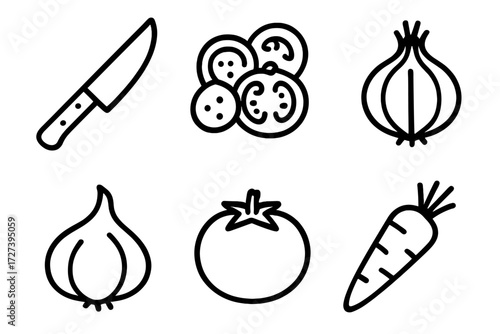 Food Prep Icons. Food prep icons in outline style: chef knife, sliced vegetables, onion, garlic clove, tomato, carrot
