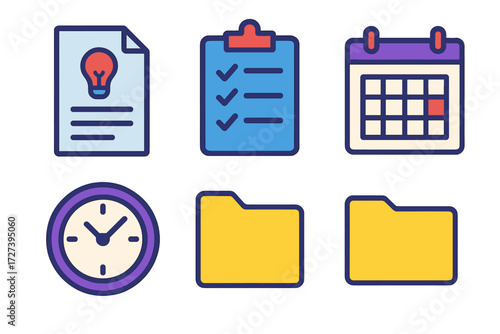 Modern Planning Icons. Work planning in modern flat vector : project brief, clipboard, checklist, calendar, clock, folder