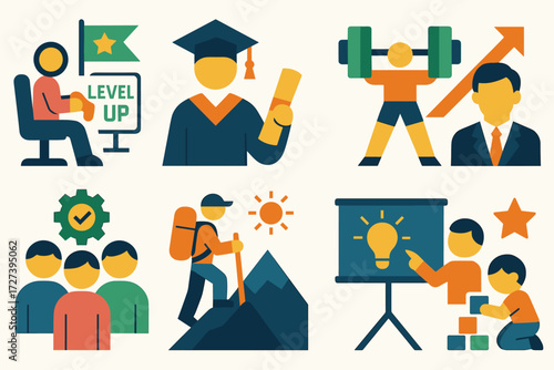 Achievement Icons Collection. Situations set of icons in abstract flat : gamer advancing level, student graduating, athlete training harder, worker