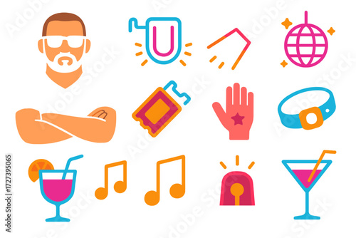 Nightclub Vibes Icons. Nightclub bouncer in modern flat vector : sunglasses, earpiece, black shirt, arms crossed figure, neon sign, disco ball, strobe