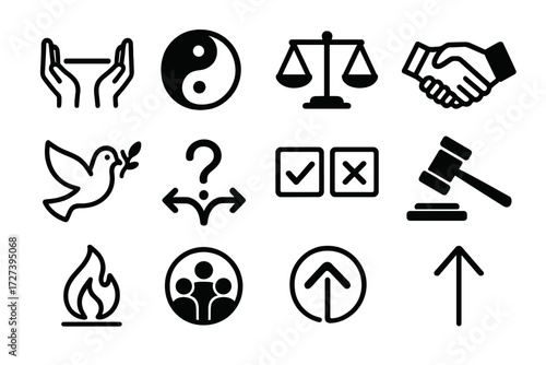 Ethical Symbols Collection. Ethical decision symbols icons in outline style: balanced hands, yin-yang, fairness scale, handshake, dove, olive branch,