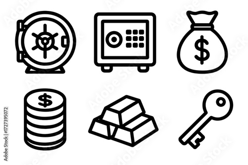 Secure Storage Icons. Secure storage icons in outline style: bank vault door, safe box, money bag, coin stack, gold bars, key