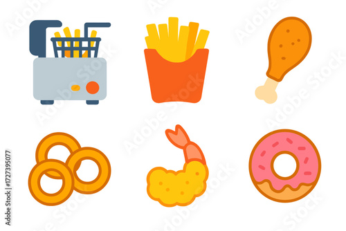 Fried Food Icons. Fried food in modern flat vector : deep fryer, french fries, fried chicken drumstick, onion rings, shrimp tempura, donut