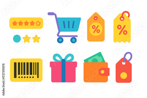 Modern Shopping Icons. Shopping reviews in modern flat vector : star rating, shopping cart, discount tag, receipt, barcode, gift box, wallet, price