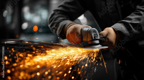 An auto repairman grinds an autobody bonnet hyper realistic grinding sparks with vivid details moody shadows on the vehicle bright saturation in repair tools autobody repair