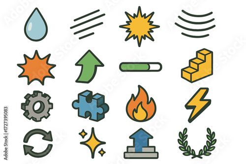 Effort Icon Set. Effort symbols set icons in modern isometric flat : sweat drop, speed lines, effort burst, shockwave lines, impact burst, upward