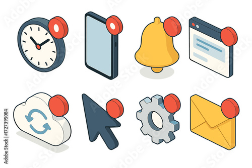 Isometric Digital Alerts. Digital alerts set icons in modern isometric flat : deadline clock, smartphone, notification bell, app window, cloud sync,
