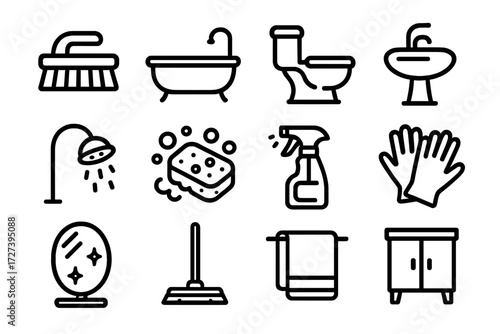 Bathroom Cleaning Icons. Bathroom cleaning scrub icons in outline style: tile brush, bathtub, toilet, sink, shower head, sponge with bubbles, spray