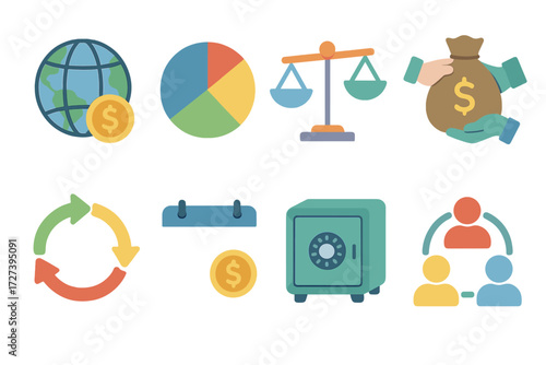 Isometric Economic Icons. Economic balance set icons in modern isometric flat : globe with dollar, pie chart equal slices, arrows in balance, shared