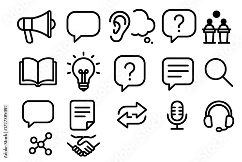 Communication Icons Collection. Communication aids icons in outline style: megaphone, chat bubble, listening ear, thought bubble, open book,