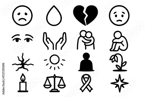 Emotional Symbols Icons. Emotional symbols icons in outline style: sad face, tear drop, broken heart, worried face, empathy eyes, comfort hands, hug