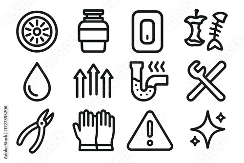 Garbage Disposal Icons. Basic garbage disposal icons in outline style: sink drain, garbage disposal unit, switch button, food scraps, water droplet,