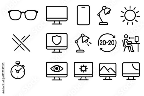 Screen Protection Icons. Screen protection icons in outline style: blue light glasses, computer monitor, phone screen, tablet, anti-glare filter,
