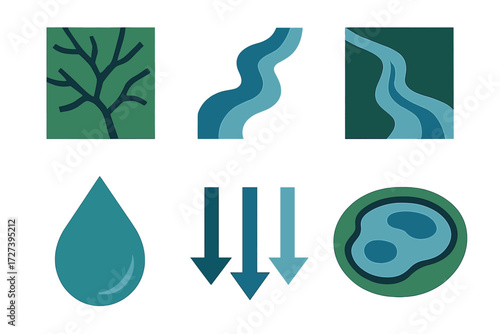 Water Icons. Water flow set of icons in abstract flat : drainage map, river, stream, droplet, arrows, pond