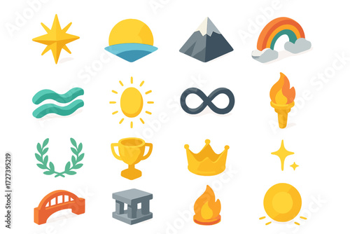 Isometric Icon Inspirations. Inspiration themes set icons in modern isometric flat : guiding star, sunrise horizon, mountain peak, rainbow arc,