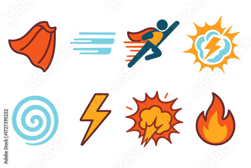 Dynamic Motion Icons. Dynamic motion in modern flat vector : cape swirl, speed lines, flying figure, shockwave, swirl pattern, zap mark, explosion,