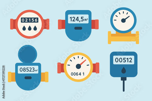 Modern Water Meters. Objects in modern flat vector : round water meter, digital water meter, analog water meter, smart water meter, water meter with