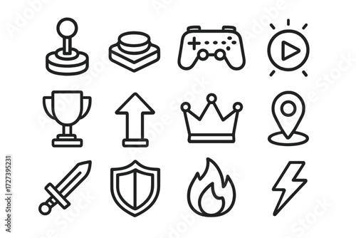 Gaming Icon Set. Game start buttons icons in outline style: joystick start, arcade button, controller icon, play arrow with glow, trophy, level-up