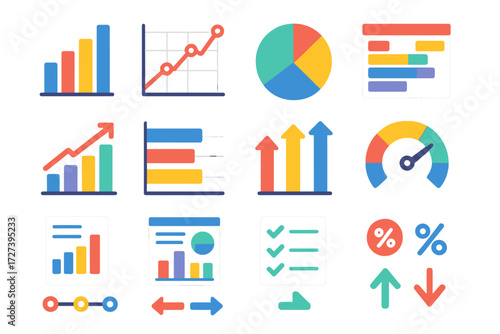 Modern Flat Charts. Charts & tracking in modern flat vector : bar chart, line graph, pie chart, stacked bars, growth chart, expense chart, KPI