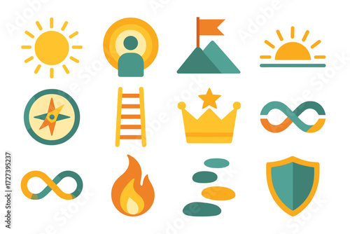 Icon Set. Symbolic final score set of icons in abstract flat : radiant sun, glowing aura, mountain peak with flag, sunrise horizon, guiding compass,