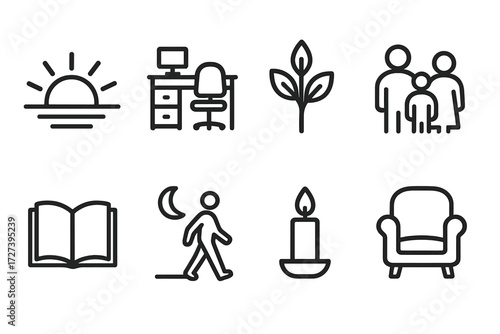 Balanced Lifestyle Icons. Balanced lifestyle icons in outline style: sun rising, work desk, leafy plant, family group, book, evening walk, candle