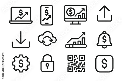 Digital Profit Icons. Digital profit margin icons in outline style: laptop screen, smartphone app, dashboard chart, upload arrow, download arrow,