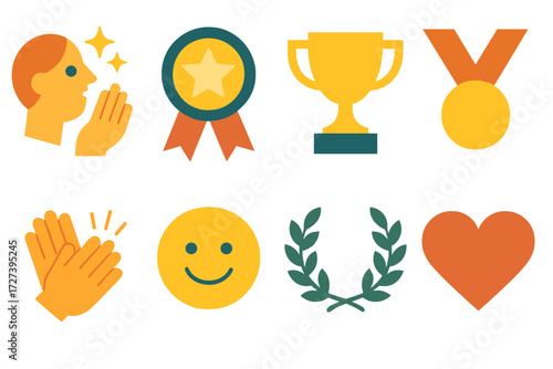 Recognition Icon Set. Positive recognition set of icons in abstract flat : admiration, star badge, trophy, medal, laurel wreath, applause hands,