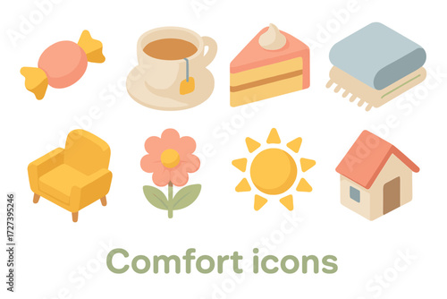 Cozy Isometric Icons. Comfort icons set icons in modern isometric flat : sweetness, tea cup, cake slice, blanket, cozy chair, flower, sun, home.