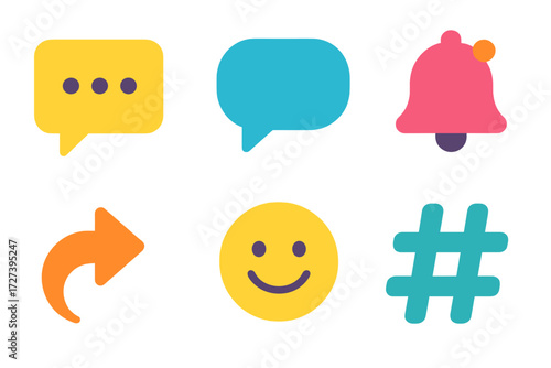 Modern Communication Icons. Communication in modern flat vector : comment box, chat bubble, reply arrow, notification bell, smile emoji, hashtag