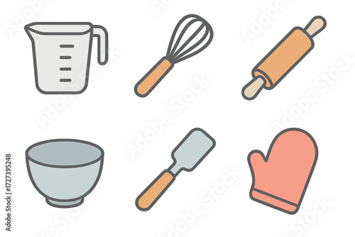 Modern Baking Tools. Baking tools set icons in modern isometric flat : measuring cup, whisk, rolling pin, mixing bowl, spatula, oven mitt