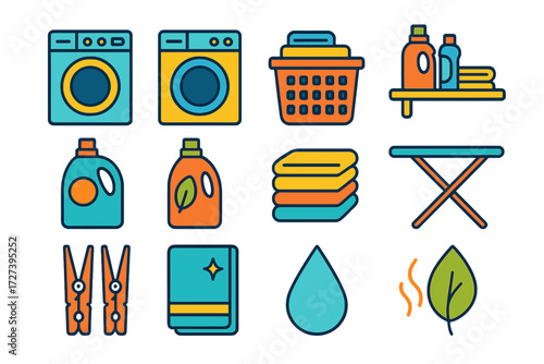 Modern Laundry Icons. Laundry room setup in modern flat vector : washing machine, dryer, laundry basket, detergent bottle, fabric softener, folded