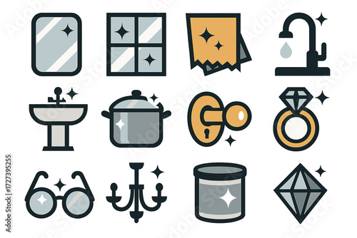 Glossy Icons Display. Metal and glass polish set of icons in abstract flat : mirror, window pane, rag with sparkles, faucet, sink, stainless steel