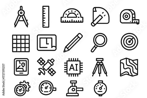 Technical Tools Icons. Technical tools icons in outline style: drafting compass, ruler, protractor, measuring tape, grid paper, blueprint, pencil,