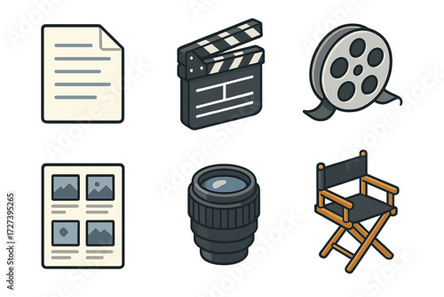 Film Production Icons. Film script set icons in modern isometric flat : screenplay document, clapboard, film reel, storyboard, camera lens, director’s