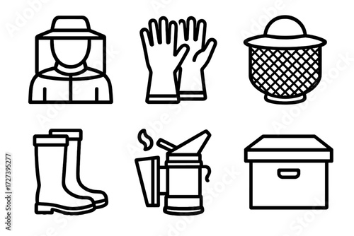 Beekeeper Gear Icons. Protective gear icons in outline style: beekeeper, gloves, netted hat, boots, smoker, box
