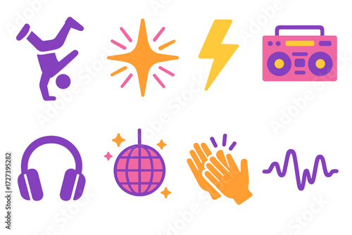 Vibrant Dance Icons. Energetic vibes in modern flat vector : breakdance pose, starburst, lightning bolt, boombox, headphones, disco ball, clapping