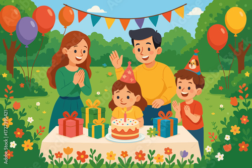 Family with children celebrating birthday at home with cake.