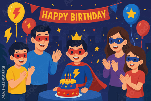 Kids celebrating superhero birthday party with cake and costumes.