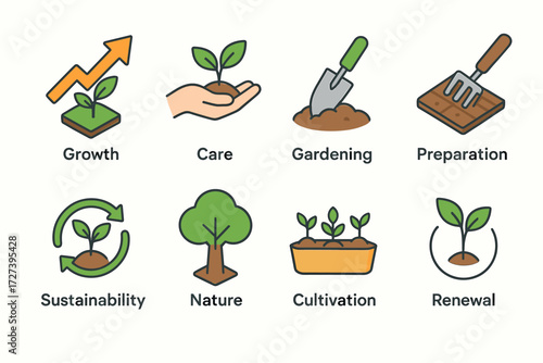 Sustainable Growth Icons. Concepts set icons in modern isometric flat : growth, care, gardening, preparation, sustainability, nature, cultivation,