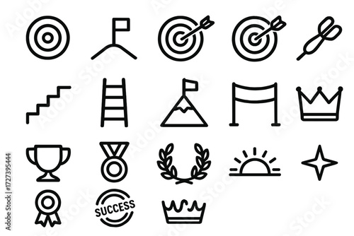 Achievement Icons Collection. Goal basics icons in outline style: target icon, goal flag, bullseye with arrow, dart in target, staircase climb,