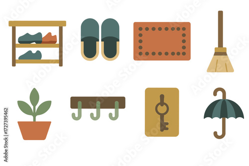 Entryway Icons Collection. Clean entry icons set of icons in abstract flat : shoe rack, slippers, doormat, broom, potted plant, wall hooks, key