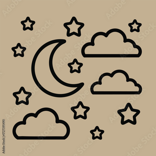 A whimsical night sky scene featuring a crescent moon surrounded by fluffy clouds and twinkling stars.
