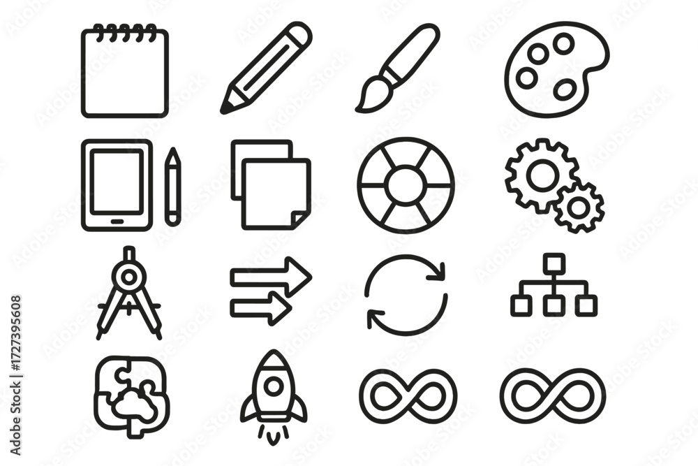 Creative Process Icons. Creative process icons in outline style: sketchpad, pencil, paintbrush, palette, digital tablet, stylus, sticky notes, color
