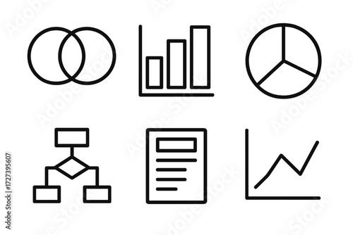 Data Visualization Icons. Data visuals icons in outline style: overlap zone, bar chart, pie chart, flowchart, report, graph line