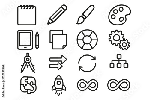 Creative Process Icons. Creative process icons in outline style: sketchpad, pencil, paintbrush, palette, digital tablet, stylus, sticky notes, color