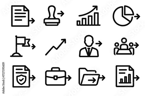 Business Icons Collection. Business reference arrow icons in outline style: contract paper, approval stamp, bar chart, pie chart, milestone flag,