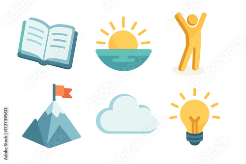 Refresh Icons Set. Mind refresh set icons in modern isometric flat : open book, sunrise, stretching figure, mountain peak, cloud, lightbulb spark