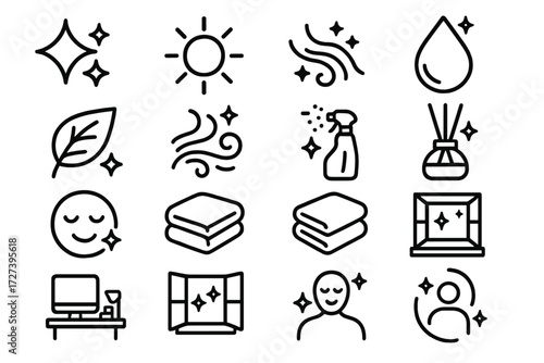 Freshness Icons Collection. Fresh results icons in outline style: clean sparkle, bright sun, shining air, fragrance droplet, leaf freshness, breeze
